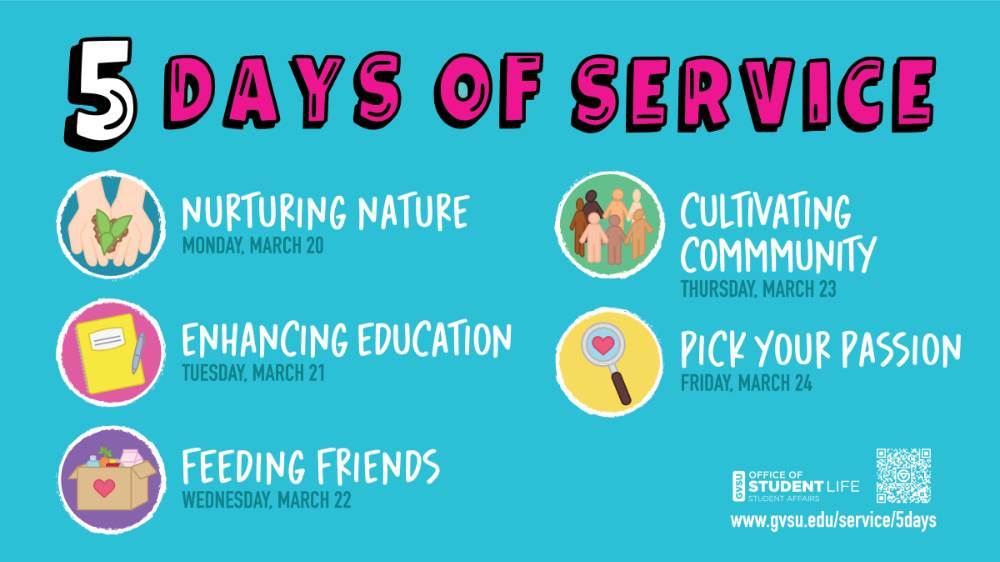 Assorted icons and text that reads "5 days of service" followed by an event schedule